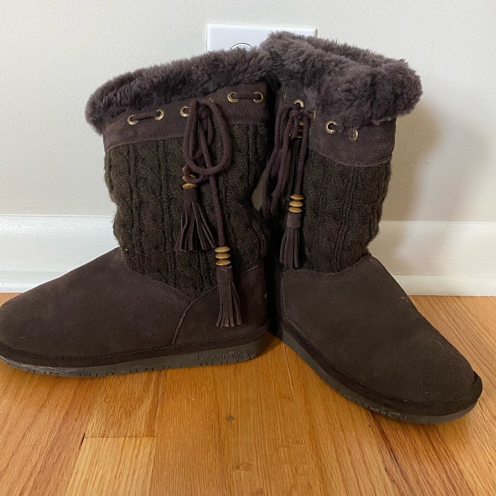 Bearpaw Tall Knit Brown Boots, Size 8